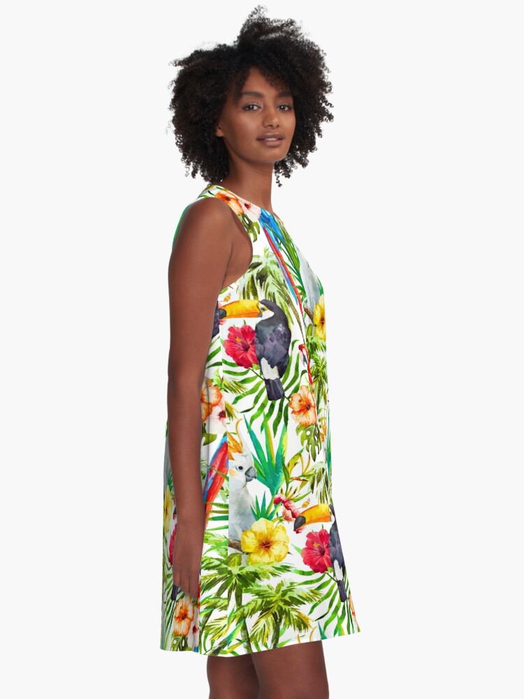 Alternate view of Tropical Parrot, Cockatoo and Toucan Rainforest A-Line Dress