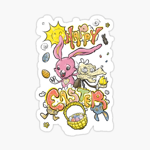 HAPPY EASTER with Cartoony Old Man Joe & the CUTEST Easter Bunny EVER Hand Drawn One of a Kind Art Sticker
