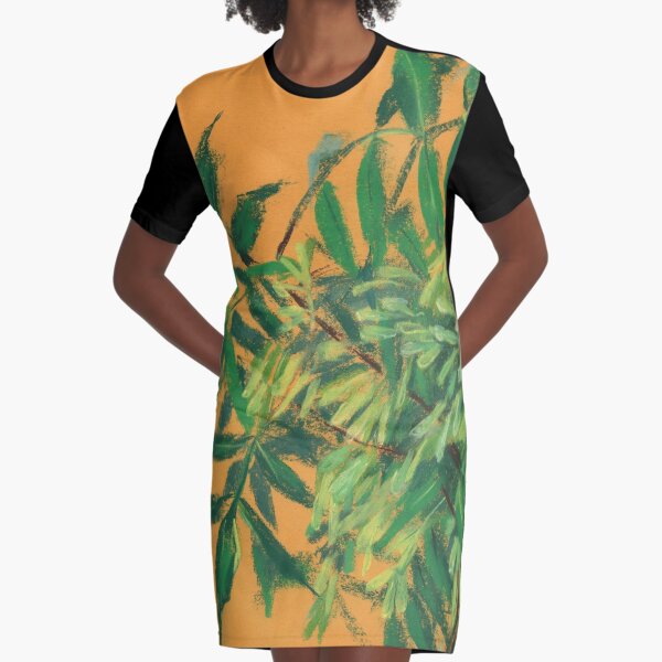Ash-Tree, Summer Foliage, Floral Pastel Green Yellow Graphic T-Shirt Dress