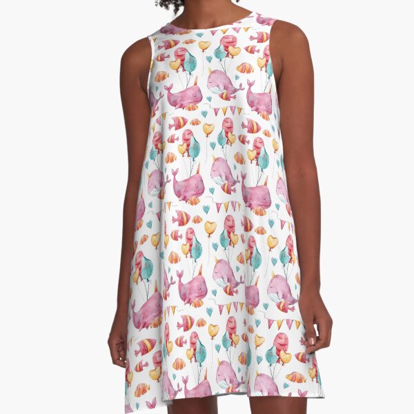Watercolor pink and yellow whale print, kids summer illustration A-Line Dress