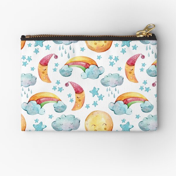 Watercolor yellow moon, rainbows, clouds, stars print, kids summer illustration Zipper Pouch