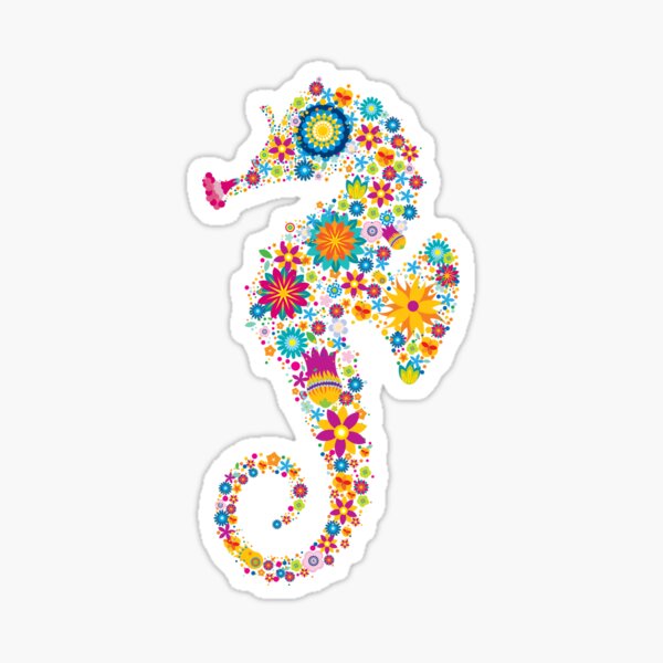 Cute Colorful Retro Flowers Sea Horse Illustration Sticker