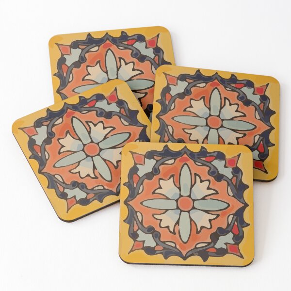 Artikelvorschau, Ockerfarbene Blume Retro mexikanisches Fliesenmosaik Boho Chic entworfen und verkauft von T-Mex.
