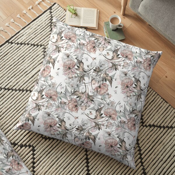 Peony with Buds Peel and Stick Seamless Wallpaper Illustration Floor Pillow