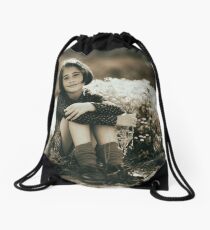 Cute girl with flowers field Drawstring Bag