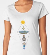 Camiseta premium de cuello ancho Sistema solar de tierra plana