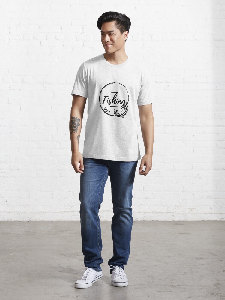Fishing text rod, reel with a fish silhouette Essential T-Shirt
