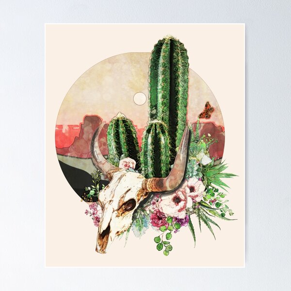 Vista previa del artículo con la obra «Cactus del desierto, cráneo de vaca de acuarela y plantas suculentas, gatos y flores», diseñado y vendido por Collagedream.