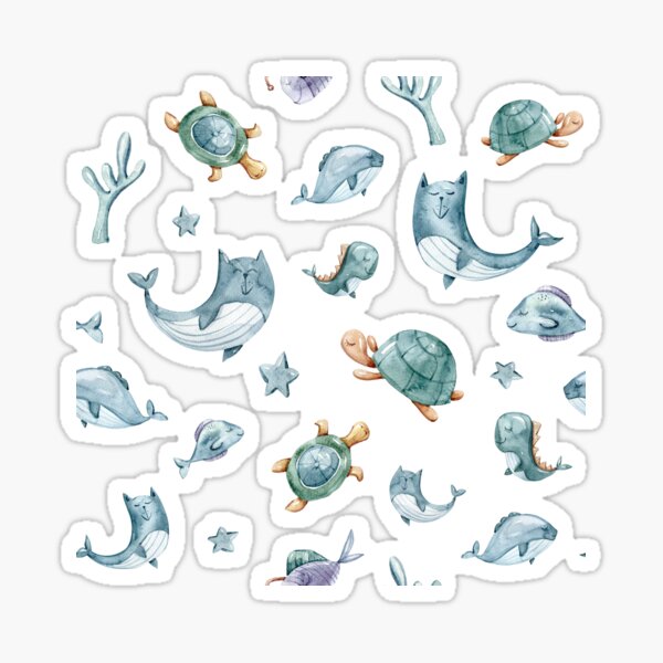Watercolor hand painted cute whale and turtle illustration Sticker