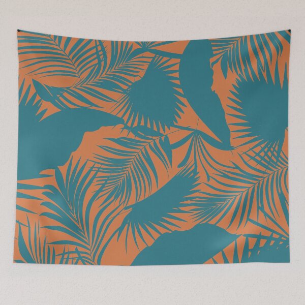 Item preview, Dark Green Tropical Jungle Leaves Pattern Design, Orange Background designed and sold by antevasinart.