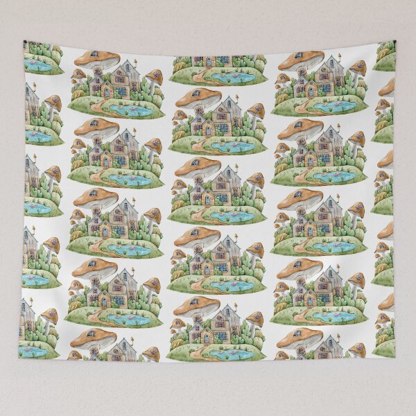 Item preview, Watercolor cute mushroom house print, autumn kids illustration designed and sold by tiana-geo.