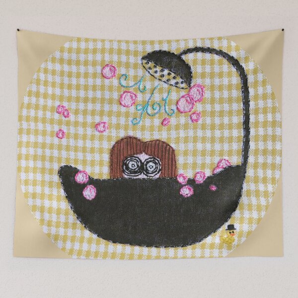 Item preview, The Creation Story - Ghoulish Pink and Yellow Bubble Bathtub Girl Embroidery, Rubber Duck with Top Hat designed and sold by ashleygilland.