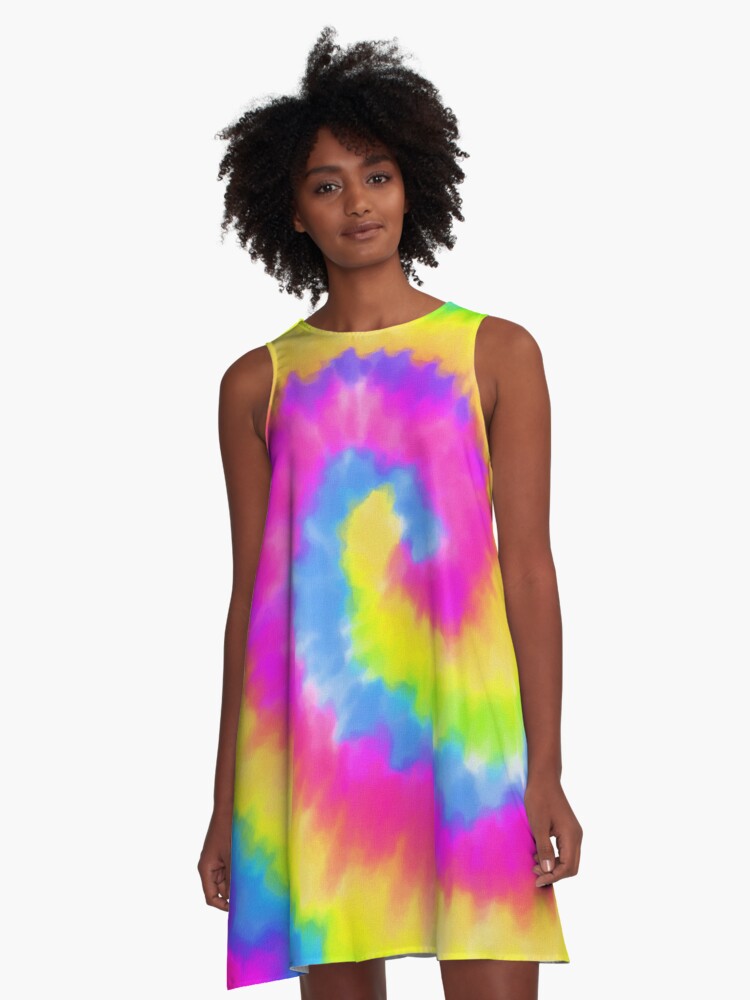 Vibrant tie dye swirl, colorful tie dye pattern, spiral tie dye print  A-Line Dress