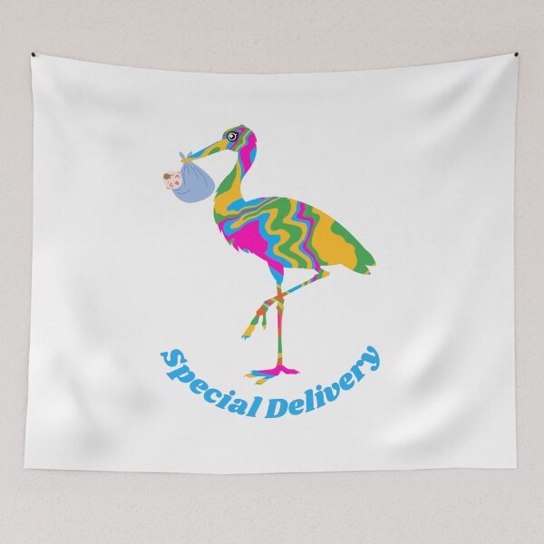 Item preview, Rainbow Stork Special Delivery Baby Blue designed and sold by CraftyAnimal.
