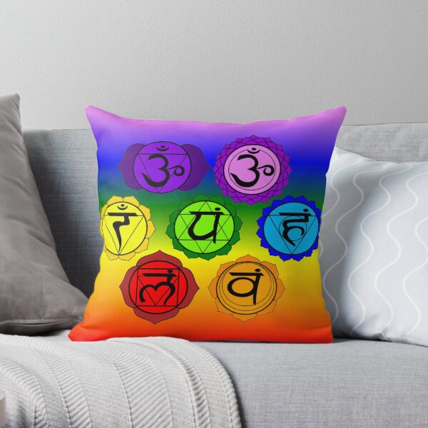 YOGA REIKI PLAIN SEVEN CHAKRA SYMBOLS RAINBOW TEMPLATE Throw Pillow