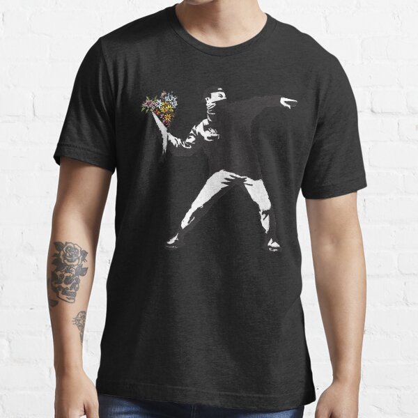 Banksy graffiti Protest anarchist throwing flowers Thrower Make Art not war on white background HD H Essential T-Shirt