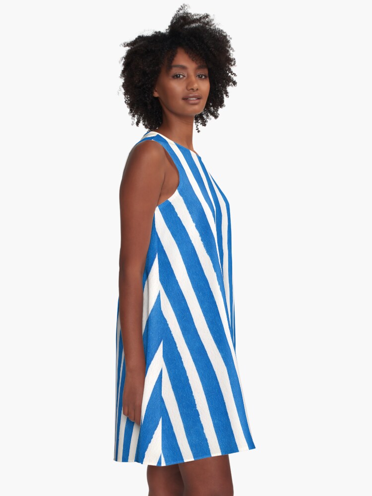 Thumbnail 2 of 4, A-Line Dress, Vertical blue and white striped pattern - royal blue watercolor stripes designed and sold by patterncrow.