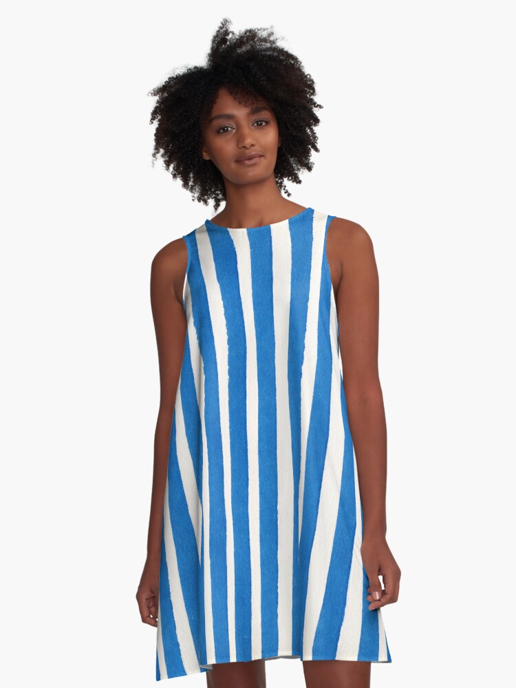 A-Line Dress, Vertical blue and white striped pattern - royal blue watercolor stripes designed and sold by patterncrow