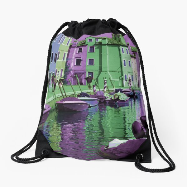 Murano Venezia Purple Green Island Canal Photo 2421 Drawstring Bag