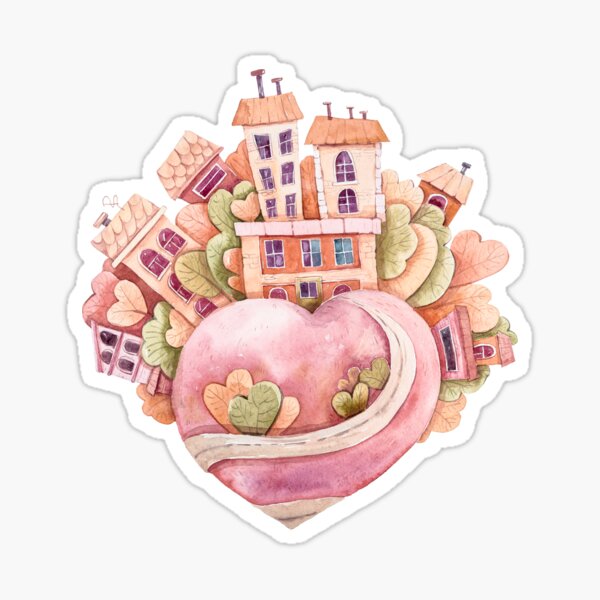 Lindo corazón de dibujos animados de acuarela con casas de dibujos animados imprimir ilustración de niños Pegatina