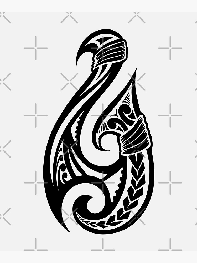 Large Hei Matau, Maori Tribal Fish Hook Charm with Black in Sterling Silver  and