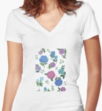 Blue and purple roses floral pattern Women's Fitted V-Neck T-Shirt