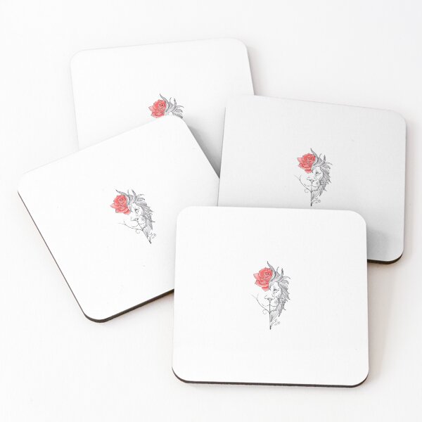 Item preview, Lion face with red rose half cute tattoo minimal line drawing designed and sold by Sashindra Wijayarathna.