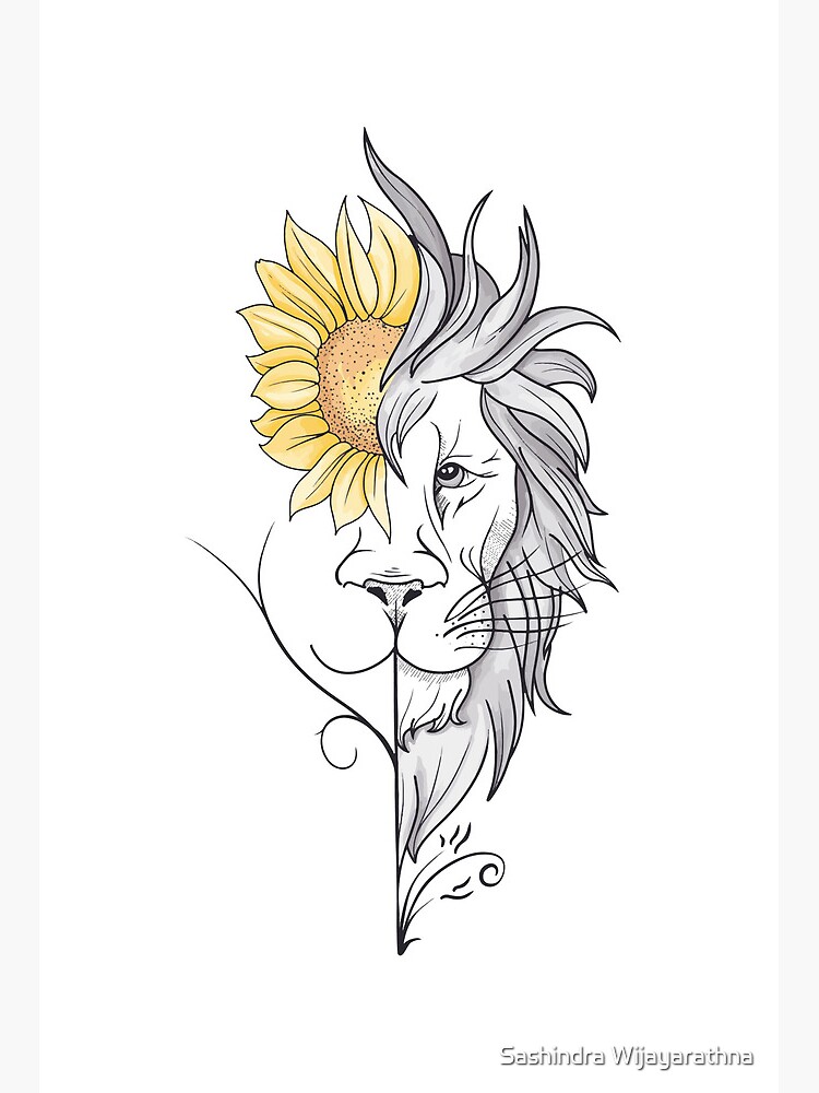 Lion Face Yellow Sunflower Minimal Lion Head Design Tattoo Art Line  Drawing