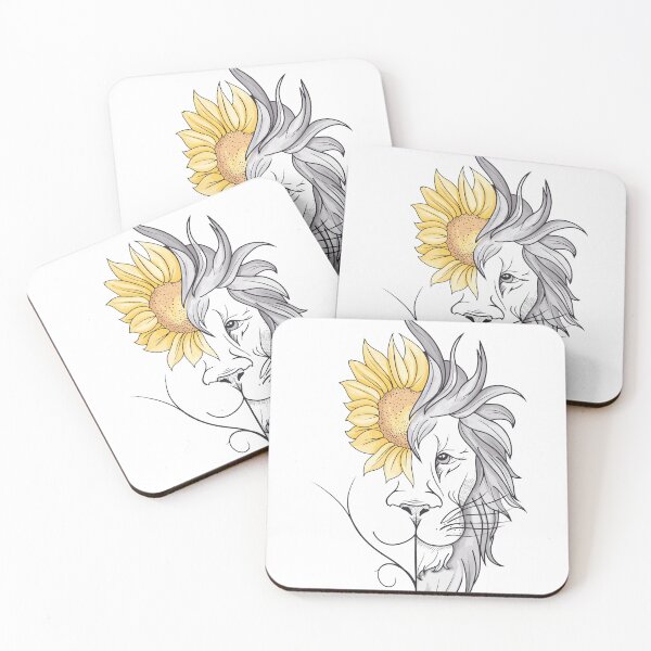 Item preview, Lion face yellow sunflower minimal lion head design tattoo art line drawing designed and sold by Sashindra Wijayarathna.