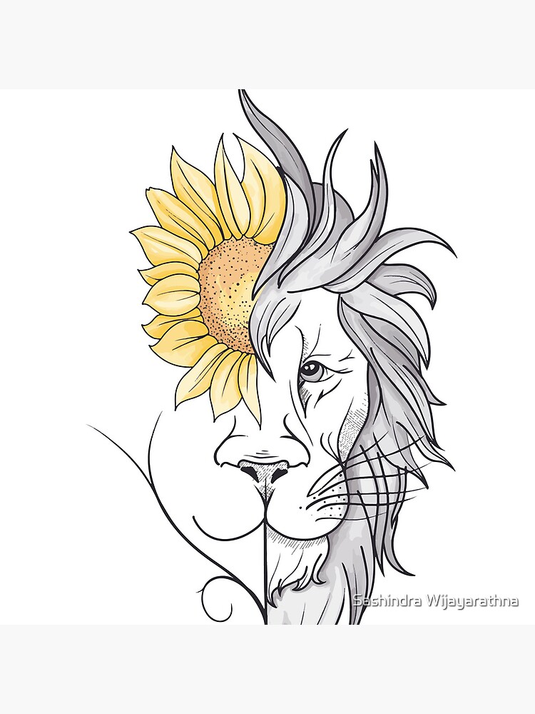 Lion face yellow sunflower minimal lion head design tattoo art line drawing  | Clock