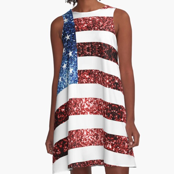USA flag red blue faux sparkles glitters A-Line Dress