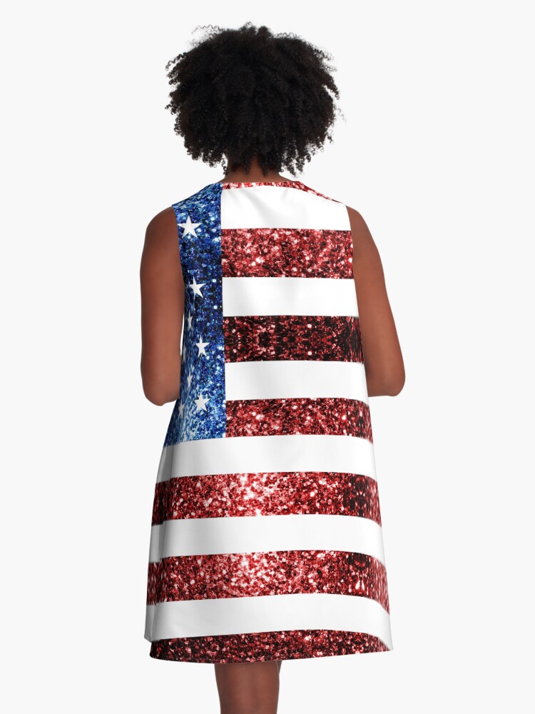 Thumbnail 3 of 4, A-Line Dress, USA flag red blue faux sparkles glitters 4th of July patriotic girly design (Photo of Glitter - Not Reflective) designed and sold by PLdesign.