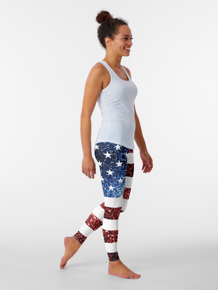 Alternate view of USA flag red blue sparkles glitters Leggings