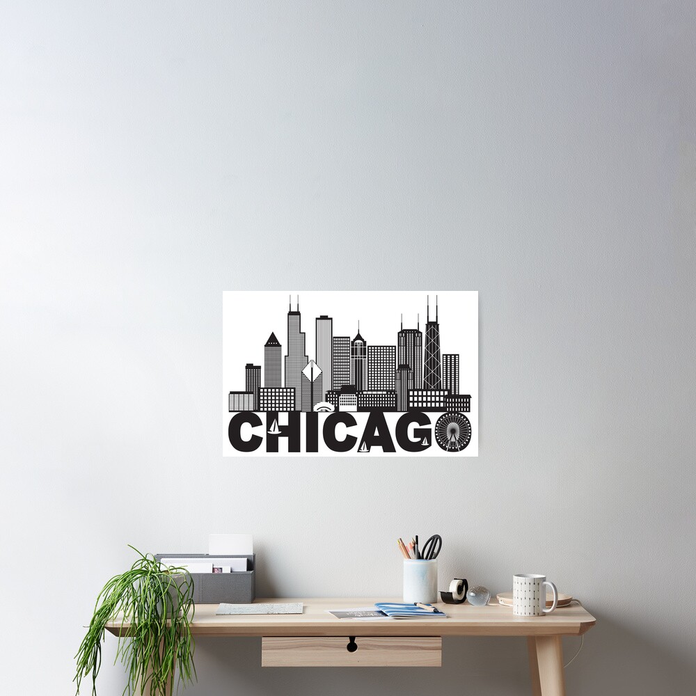 Póster «Chicago City Skyline texto blanco y negro ilustración» de jpldesigns Redbubble