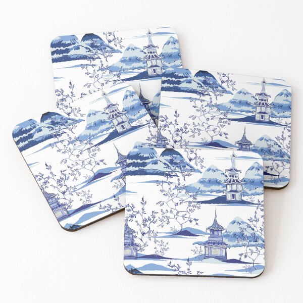 Item preview, Chinese Pagodas and Mountains in Vintage Blue designed and sold by JayDelPrints.