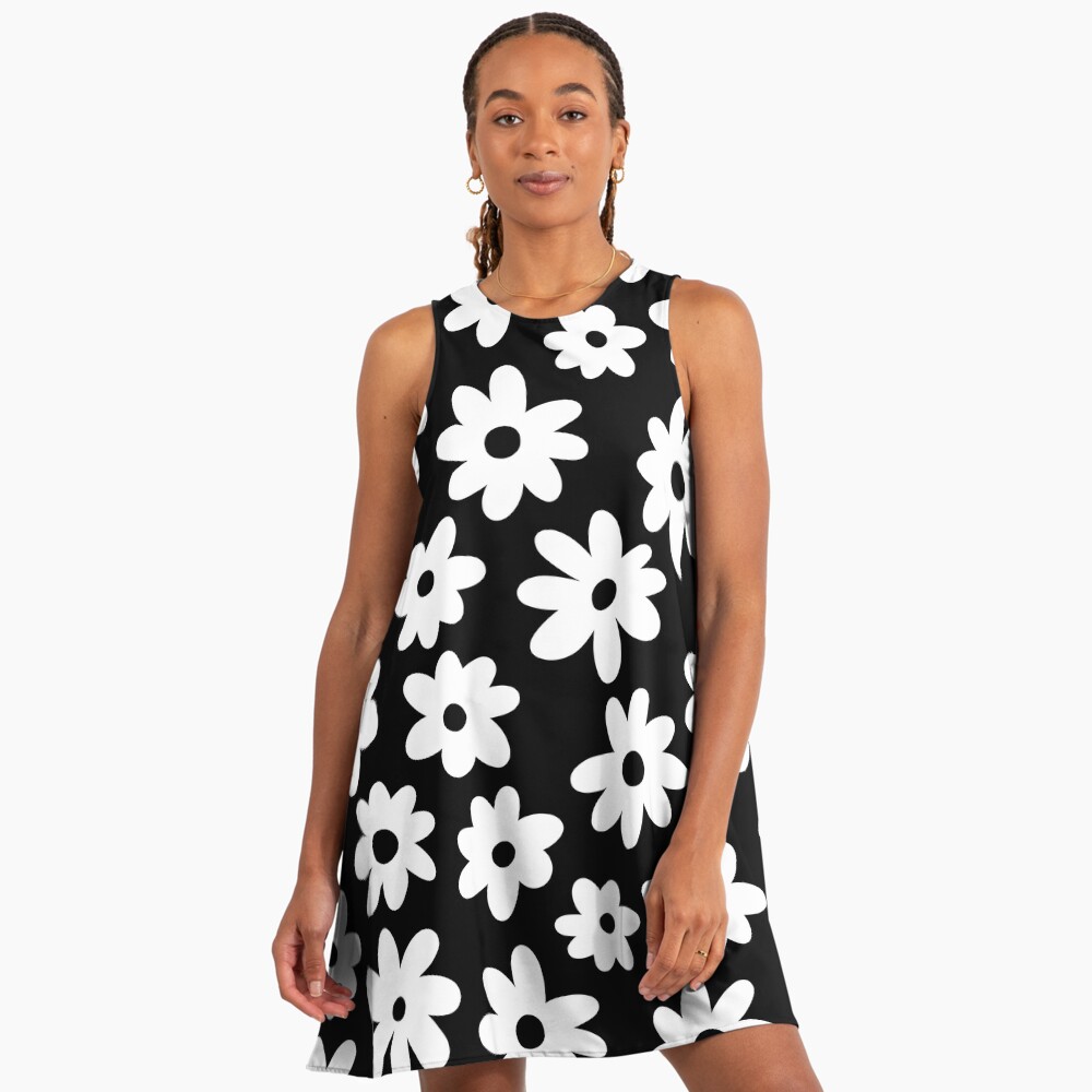black dress with white daisies Retro Stage Daisy Cap Sleeve Midi Dress Black main image 0
