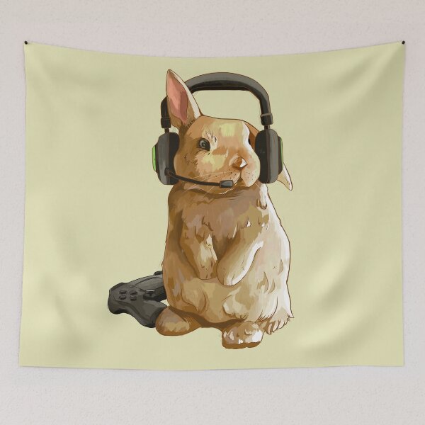 Item preview, Gamer Bunny: Tan Rabbit Wearing Gaming Headset: Nude yellow Background designed and sold by Jessiemay-arts.