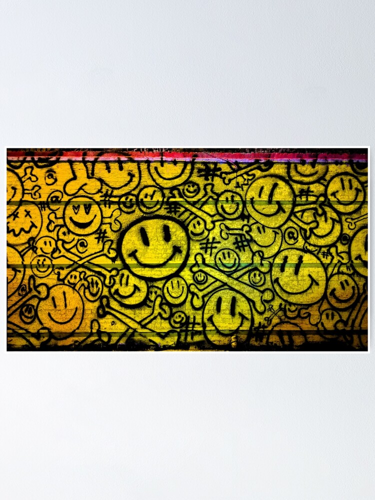 "Acid House smileys faces ink splashes urban street art." Poster for