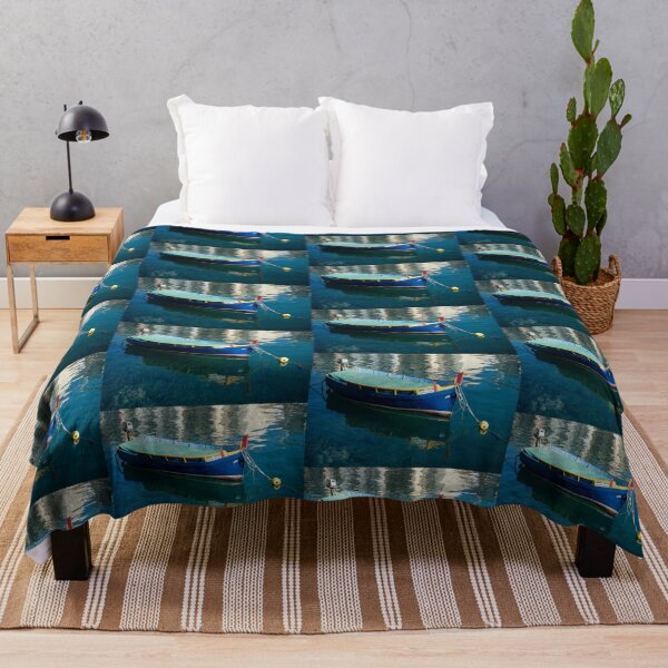 Item preview, Crystal Clear Mediterranean Blue - Vintage Maltese Luzzu Fishing Boat at Anchor designed and sold by Georgia Mizuleva.
