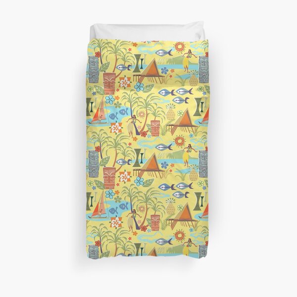 Mid Century Hawaiian Vacation with Tikis and Hula Girls Duvet Cover