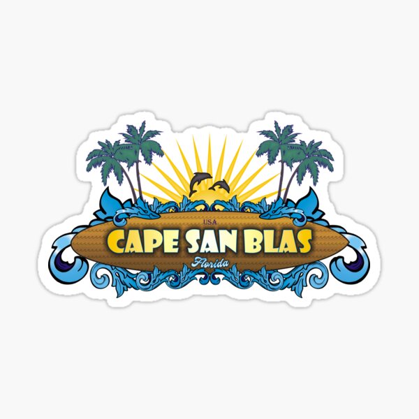 "Cape San Blas Florida surfboard dolphins sun palm tree" Sticker for