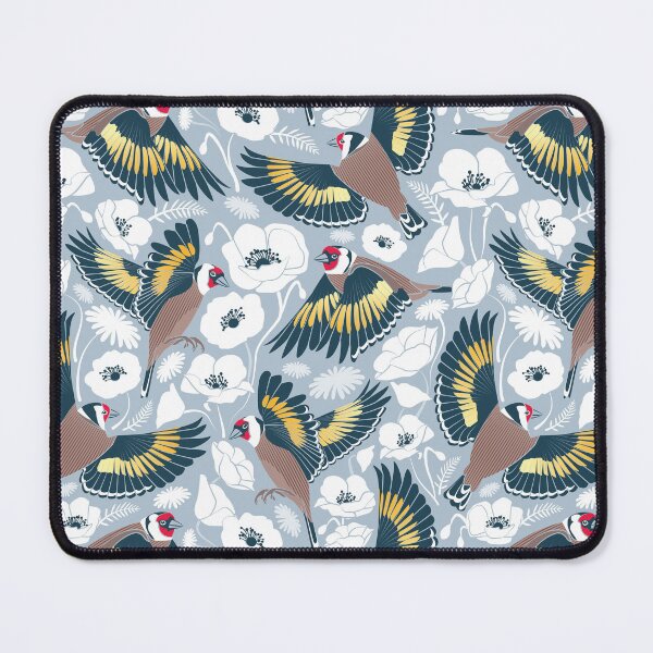 Item preview, Goldfinches flying over white poppies // blue grey background navy and yellow birds designed and sold by SelmaCardoso.