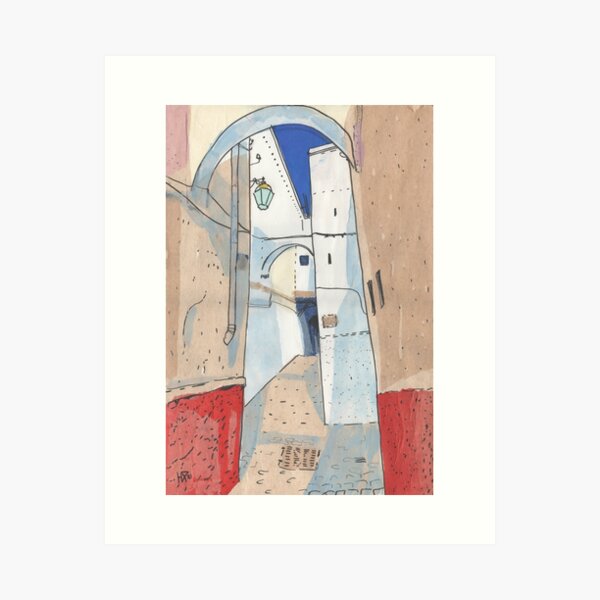 Somewhere in Morocco, Paper Collage, Old Town Street Sketch Art Print