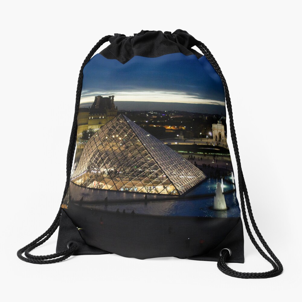 "Paris Louvre Pyramid at Night" Drawstring Bag for Sale by
