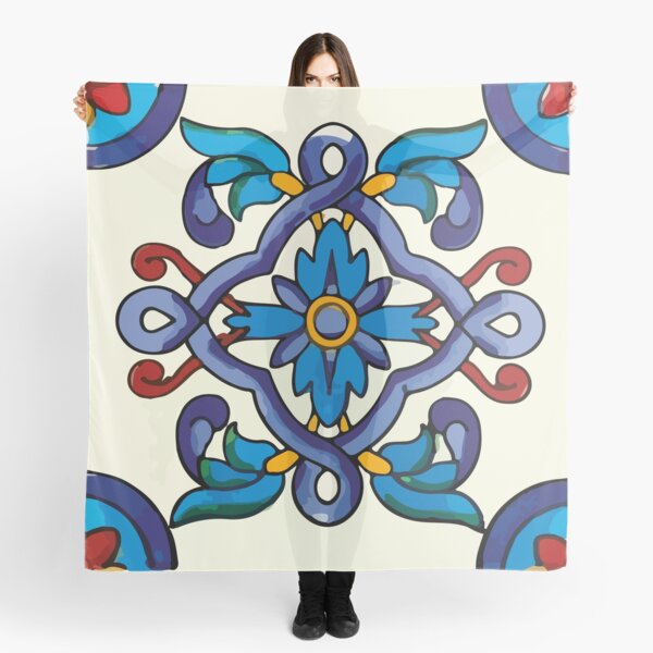 Elegant decorative talavera tile vintage blue flower interior design Scarf