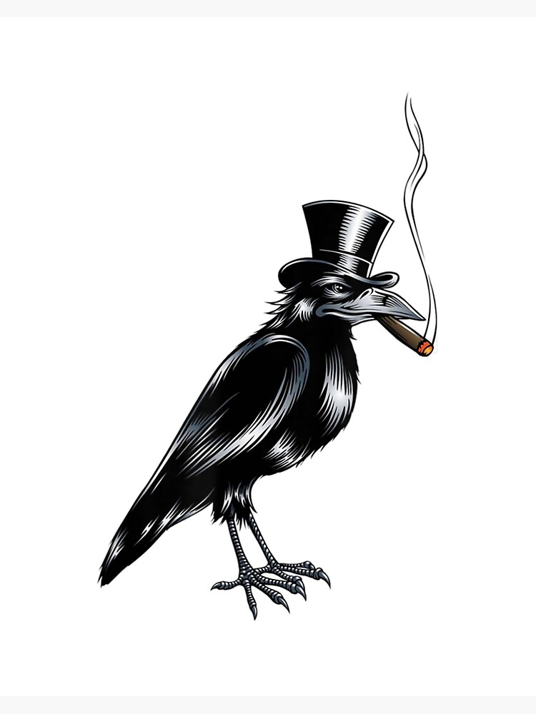 Black Crow Top Hat Smoking Cigar Graphic Art T-Shirt Black Crow Top Hat Smoking Cigar Graphic Art T-Shirt