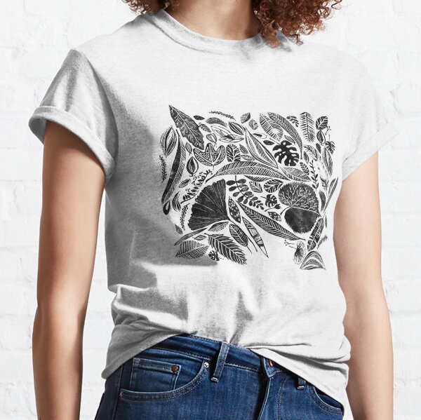 Mixed leaves, Lino cut printed nature inspired hand printed pattern Classic T-Shirt