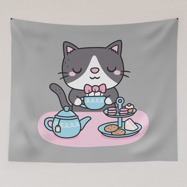 Item preview, Cute Tuxedo Cat Enjoying Afternoon Tea Pastries And Snacks designed and sold by rustydoodle.