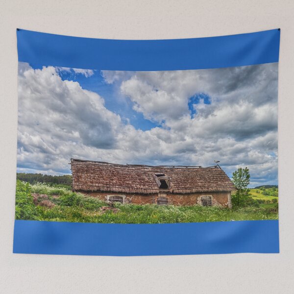 Item preview, Blue cloudy sky over stork sitting on the edge of barn, Poland, Europe  designed and sold by Lukasz Szczepanski.
