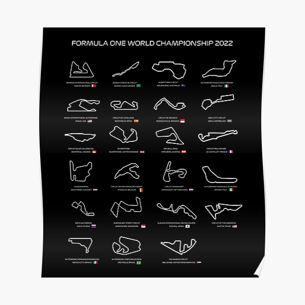 Alle F1-Rennstrecken-Rennstrecken-Kalender für 2022. Poster